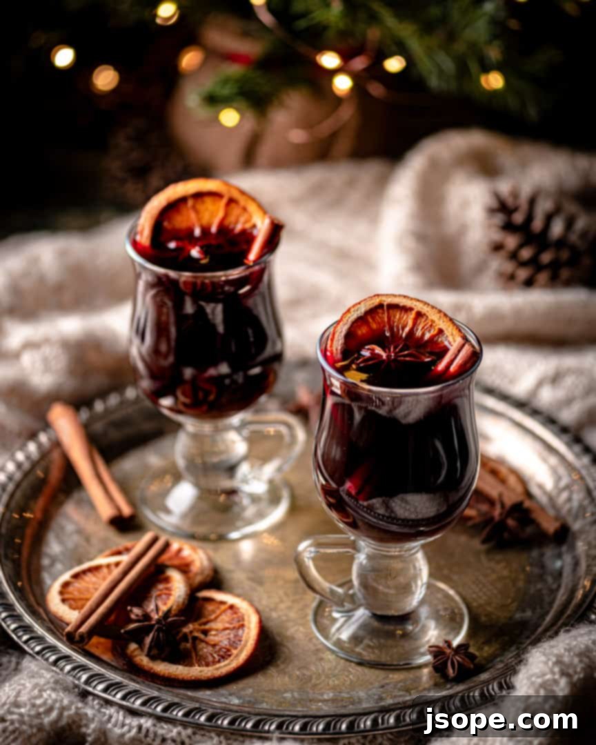 A serving of Mulled Wine with Amaretto and Brandy in a clear mug, garnished with dehydrated orange, cinnamon stick, and star anise.