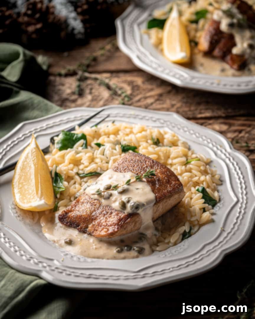 Dutch Yellowtail with Lemon Caper Cream Sauce served with vibrant spinach orzo
