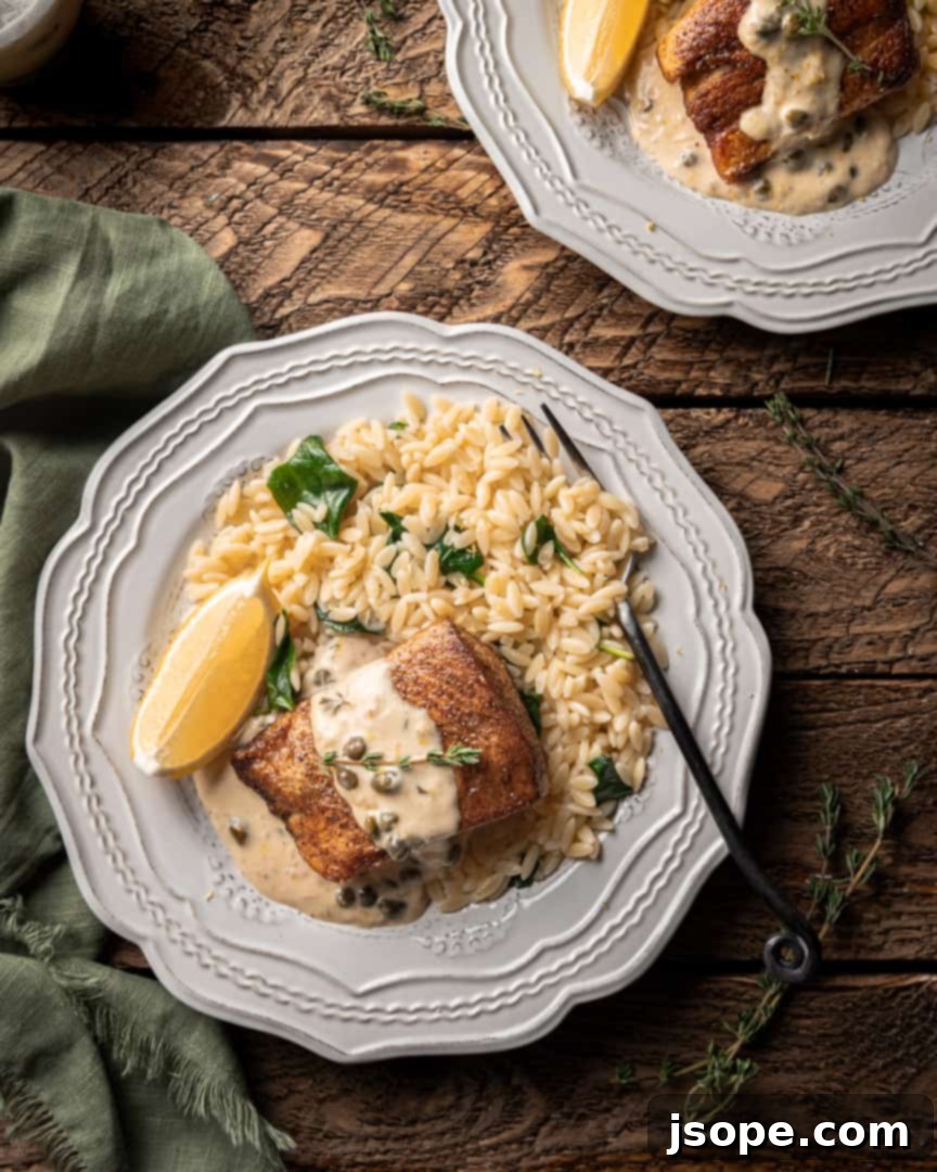 Perfectly pan-seared Dutch Yellowtail with a glossy lemon caper cream sauce