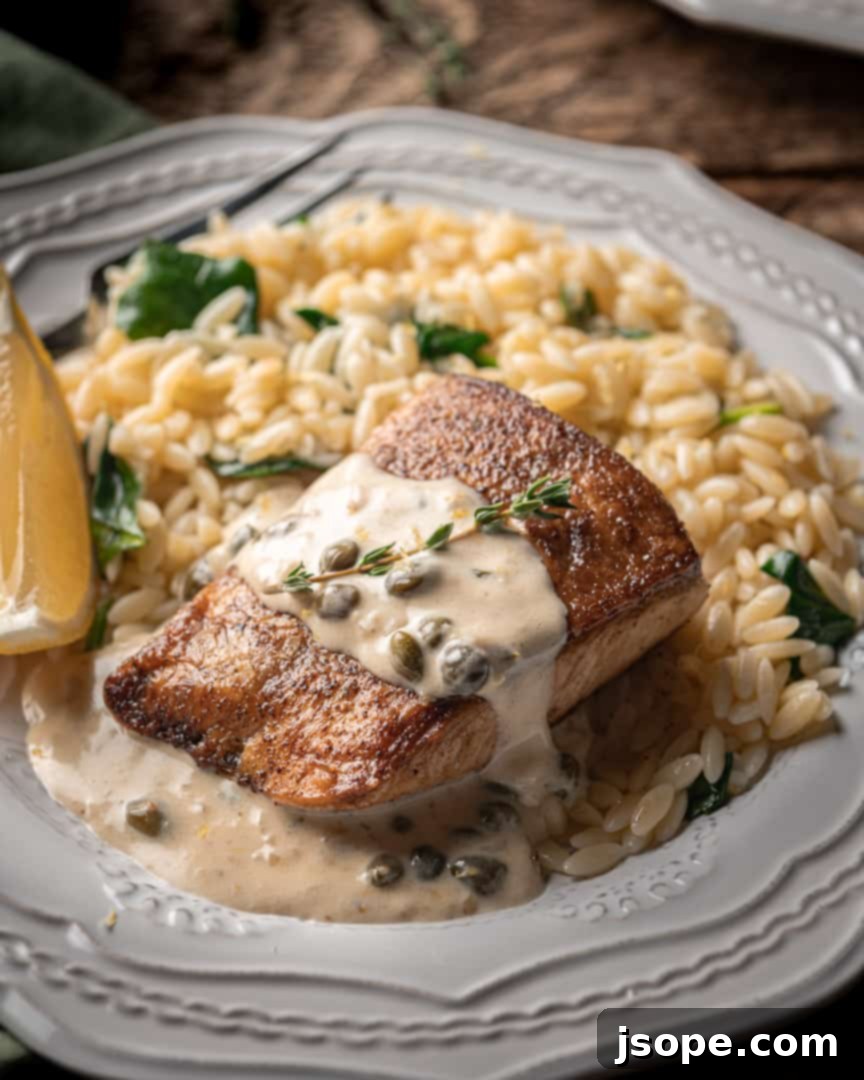 Plated Yellowtail with Lemon Caper Cream Sauce and Spinach Orzo, garnished with fresh thyme and lemon