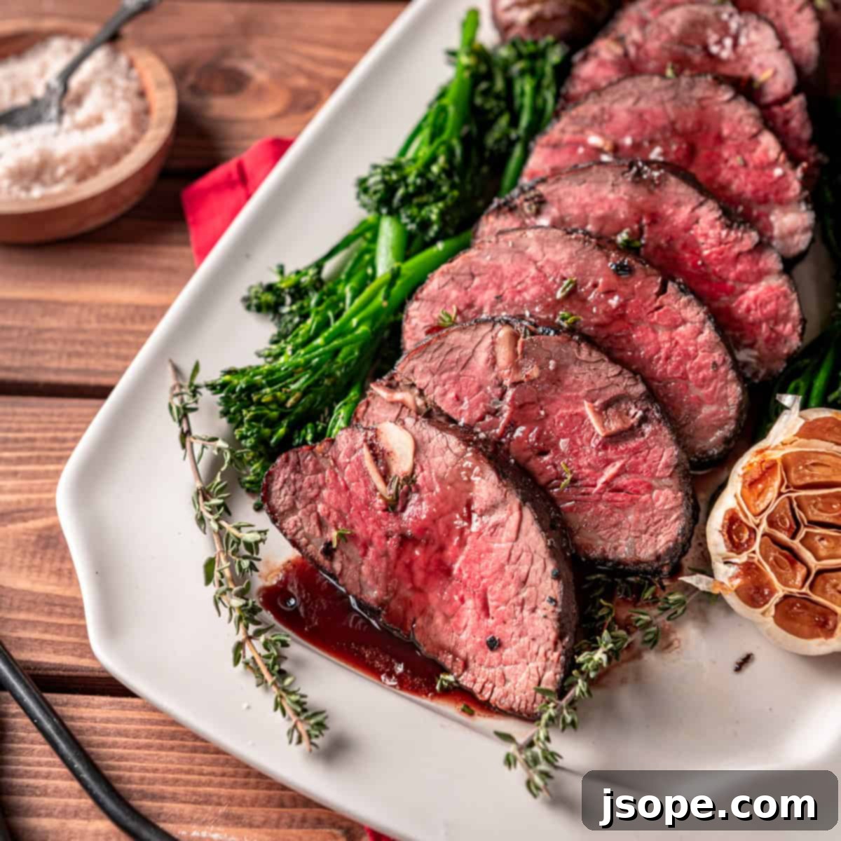 Garlic Thyme Studded Beef Tenderloin Roast with Red Wine Sauce