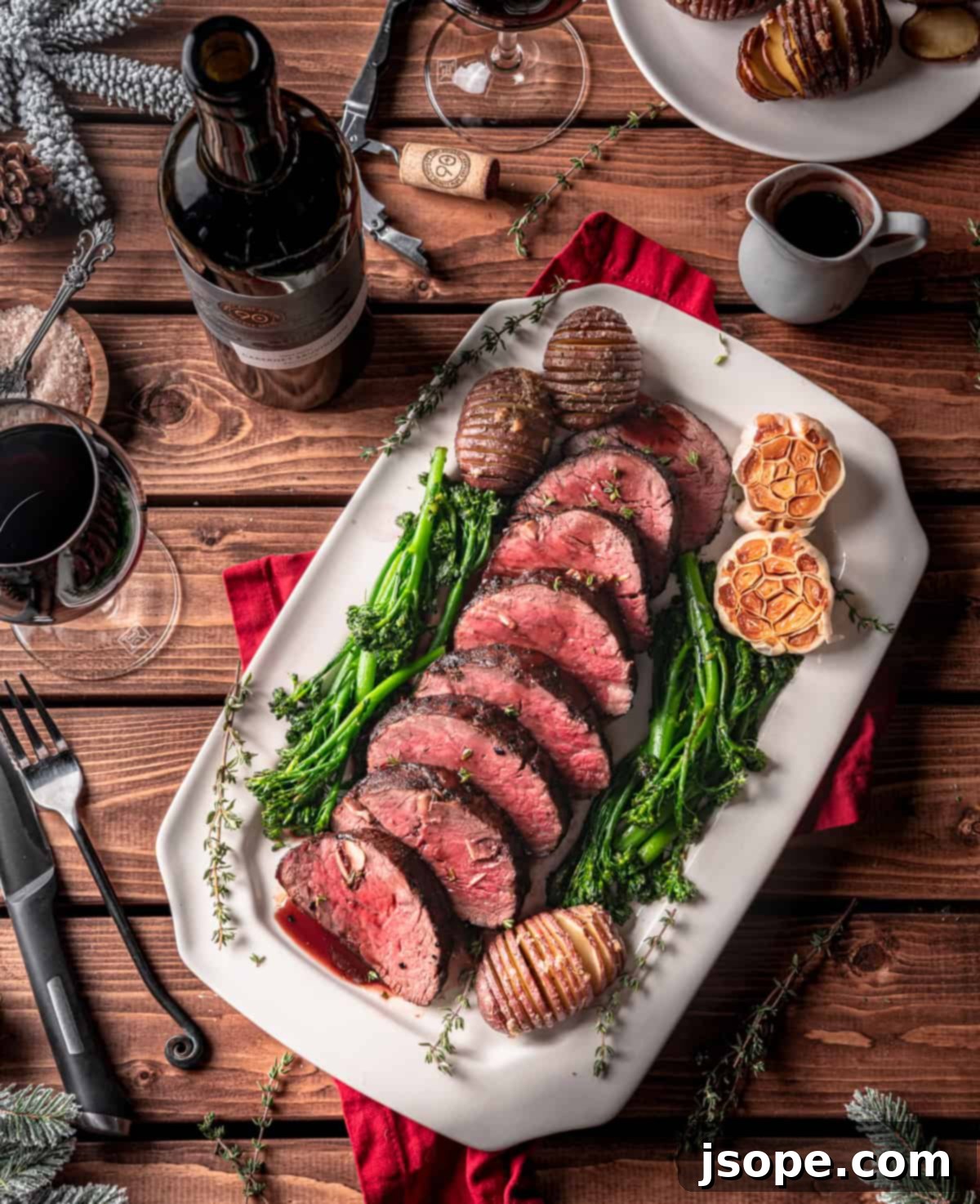 Garlic Thyme Studded Beef Tenderloin Roast with Red Wine Sauce