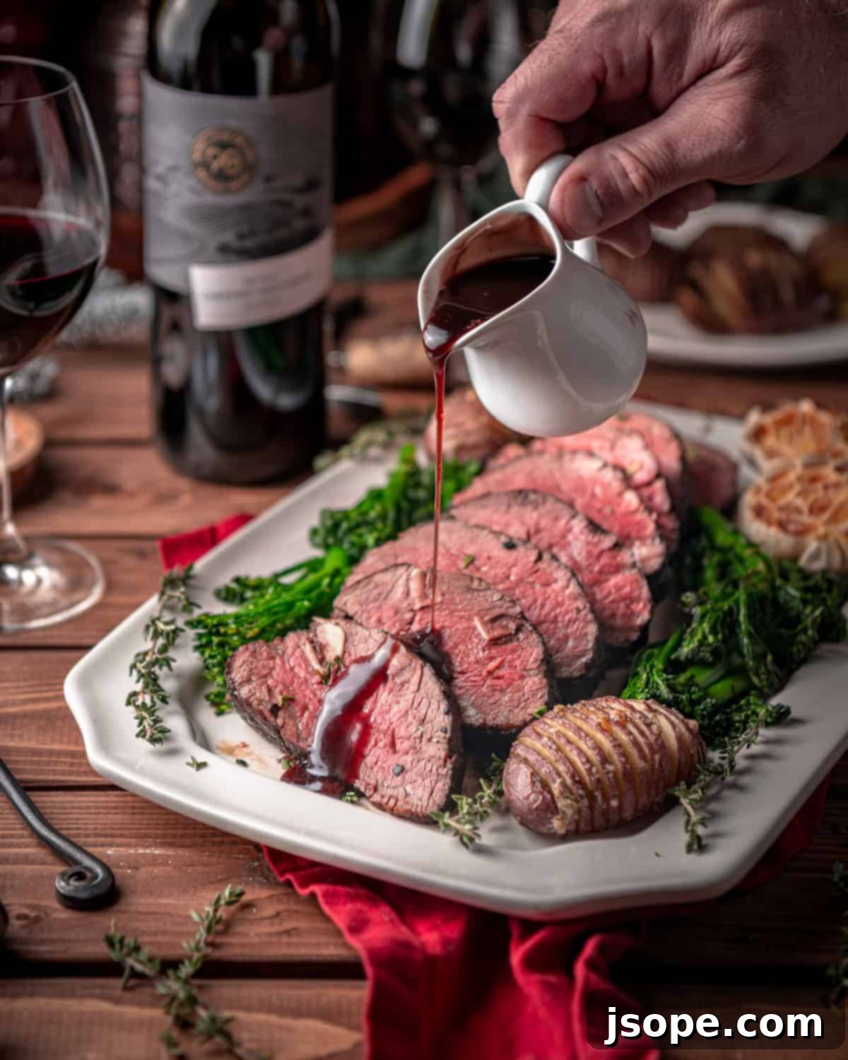 Garlic Studded Beef Tenderloin Roast with Red Wine Sauce