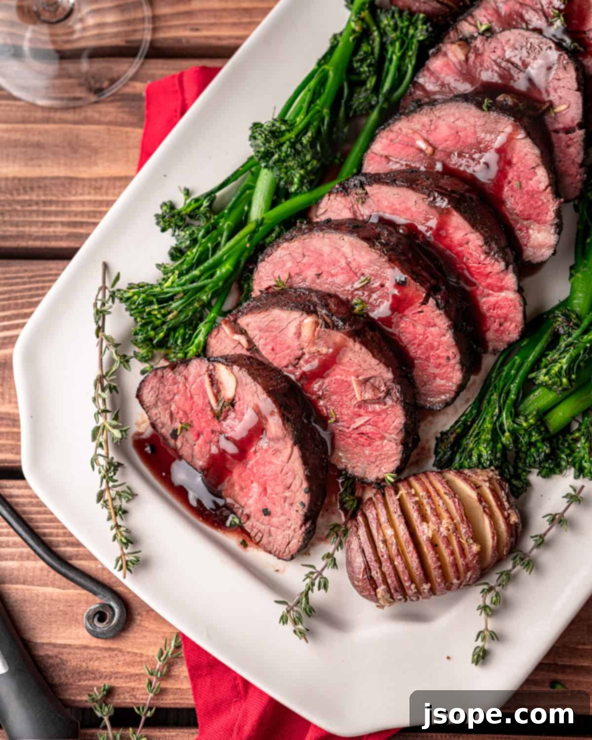 Garlic Studded Beef Tenderloin Roast with Red Wine Sauce