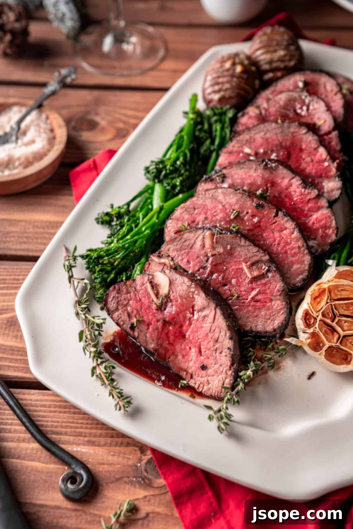 Garlic Studded Beef Tenderloin Roast with Red Wine Sauce