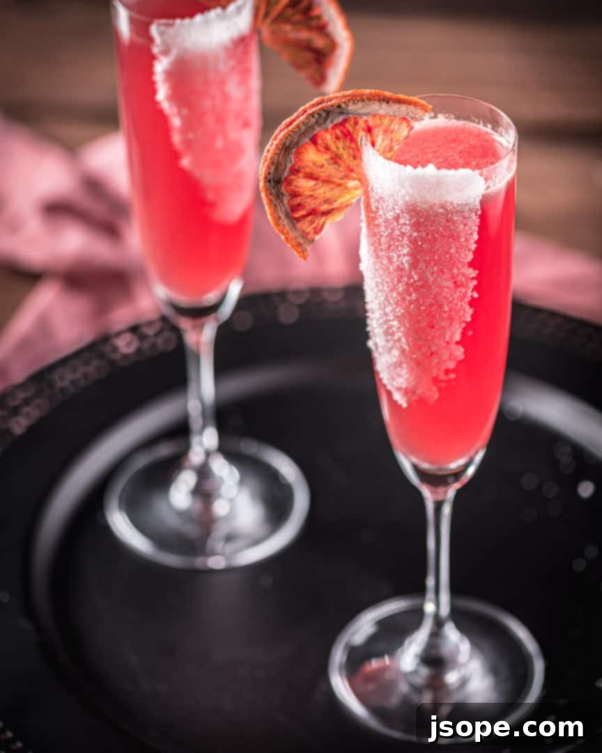 Blood Orange and Pink Gin Sparklers in elegant flutes, garnished with citrus.