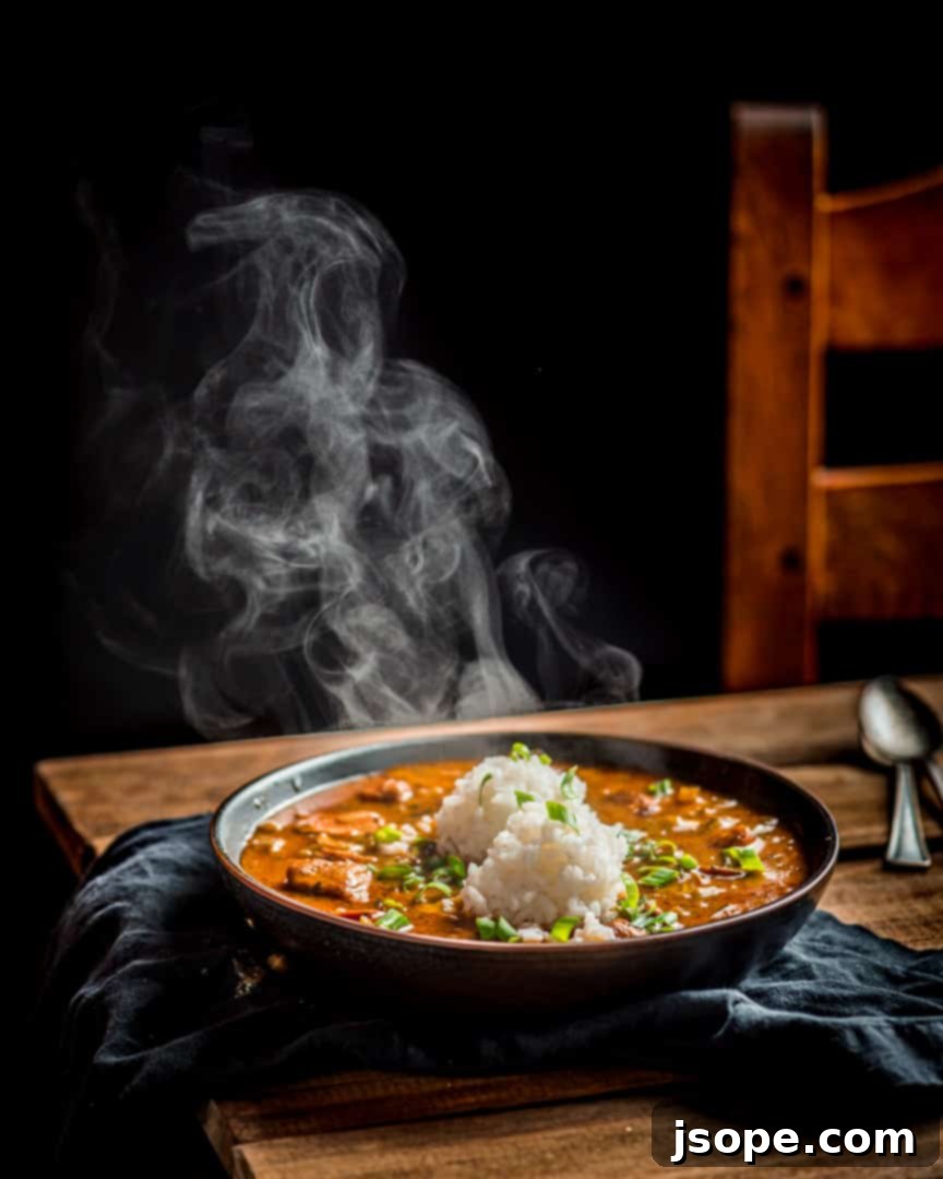 Cajun Chicken and Sausage Gumbo 5 Steaming bowl of Chicken and Sausage Gumbo with rice.