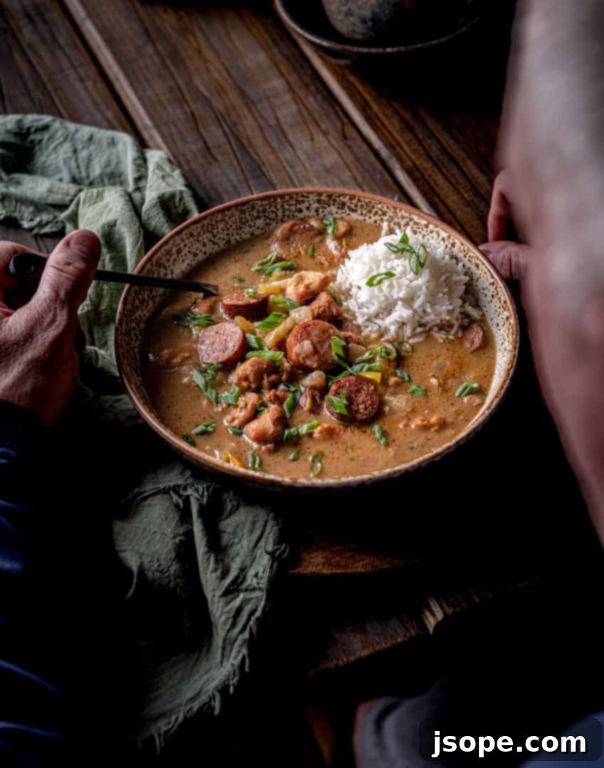 Cajun Chicken and Sausage Gumbo 6 Close-up of hearty Chicken and Sausage Gumbo