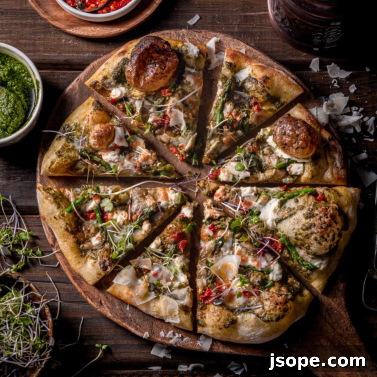 Goat Cheese Asparagus and Pesto Pizza