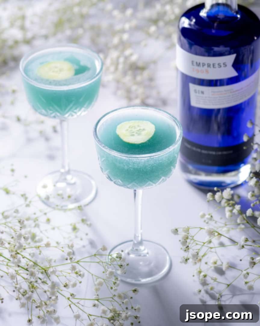 Blue Grotto Empress Gin Martini - Close up of the vibrant blue color in a cocktail glass