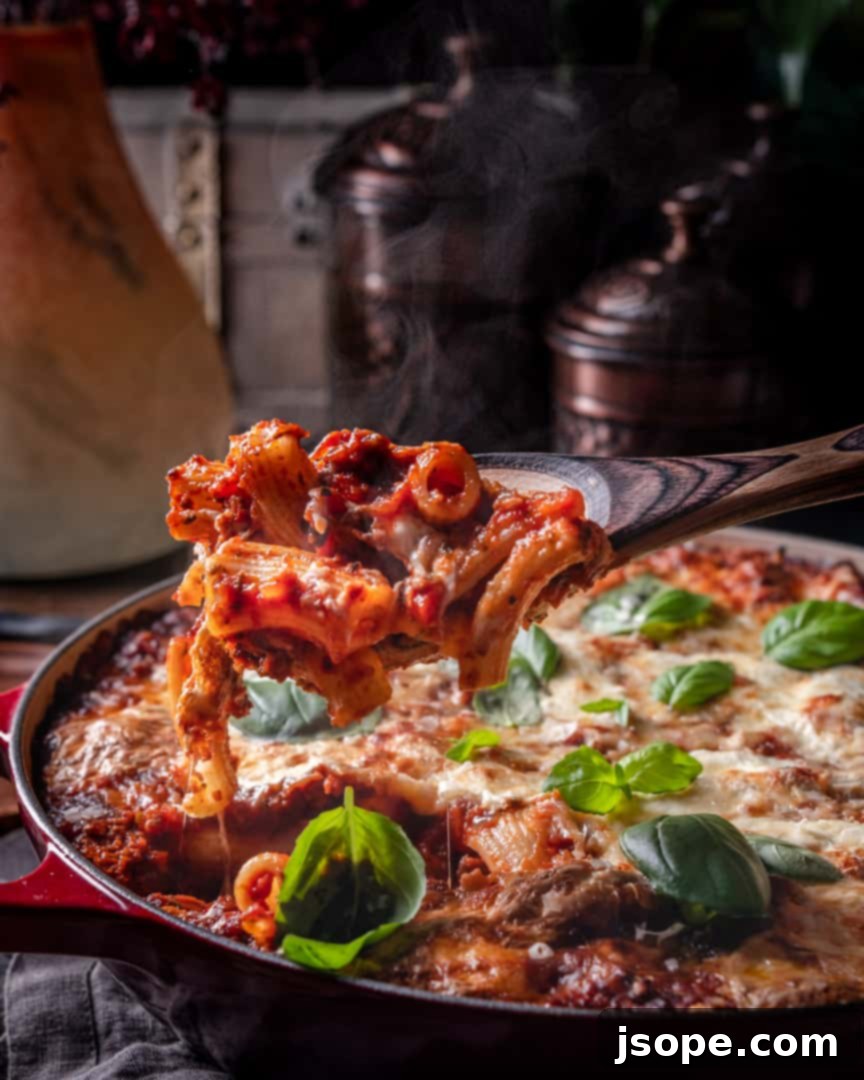 Close-up of the rich Tomato Herb Meat Sauce, simmering in a pot with fresh herbs.