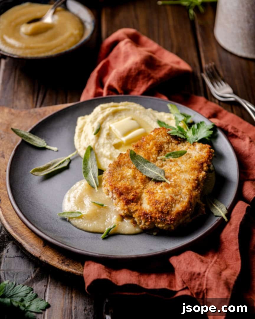 Breaded pork chops with fennel applesauce and crispy sage