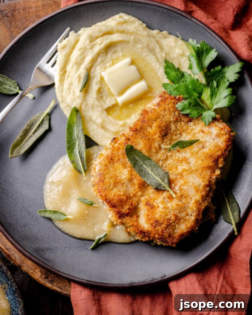 Brined breaded pork chops with fennel applesauce and mashed potatoes