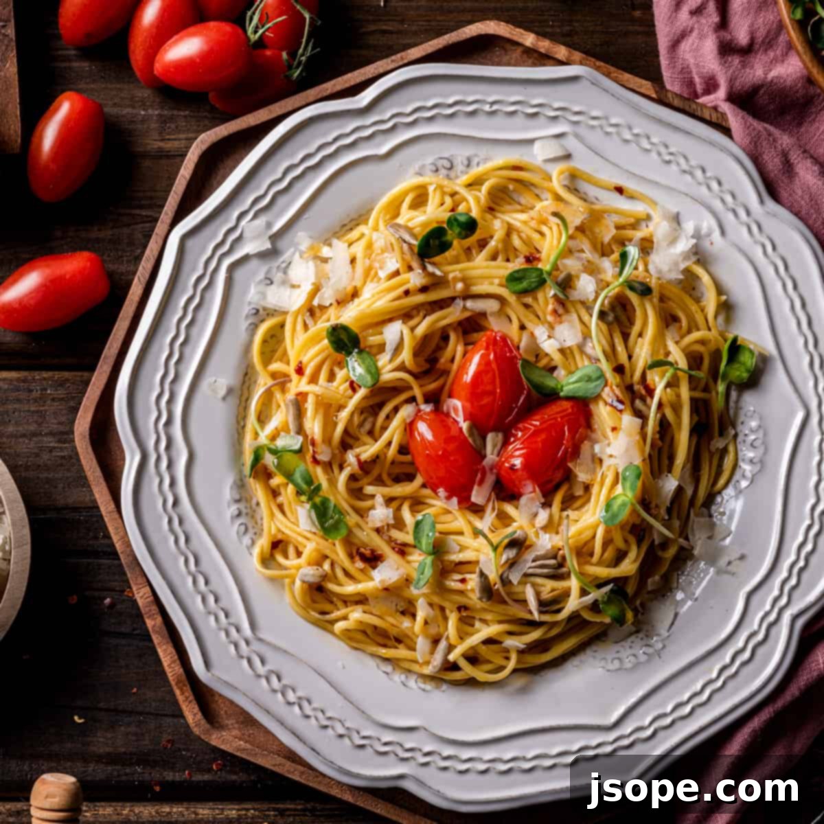 Spring Spaghetti Aglio Olio e Peperoncino with Blistered Tomatoes