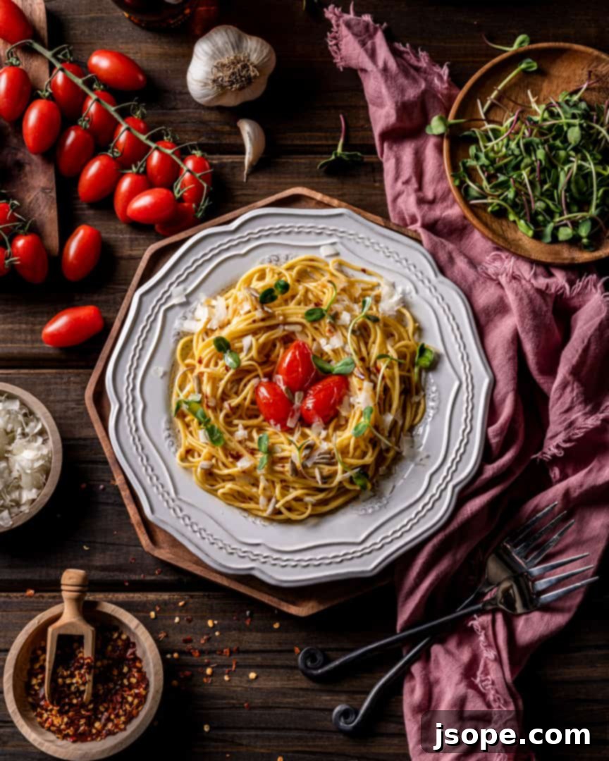 Spring Spaghetti Aglio Olio e Peperoncino with Blistered Tomatoes
