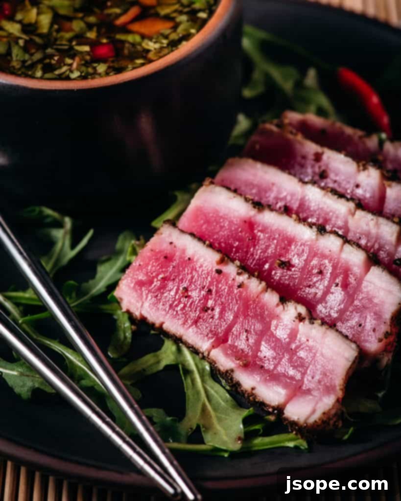 Up close view of the pepper crust on Seared Ahi Tuna.