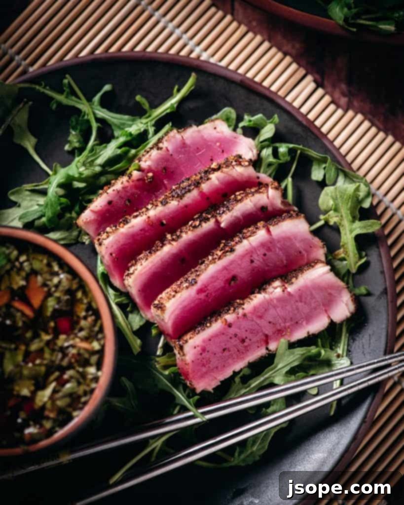 Freshly sliced Seared Ahi Tuna ready to be enjoyed.