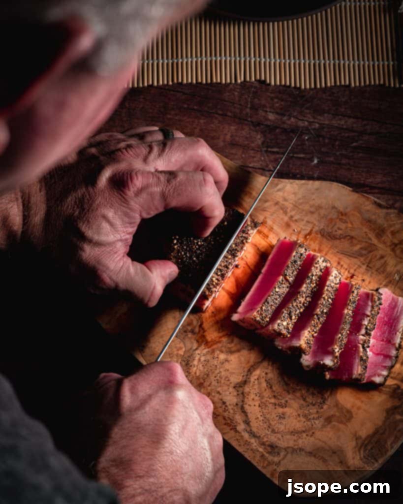 Close-up of the delicate, rare center of Seared Ahi Tuna.