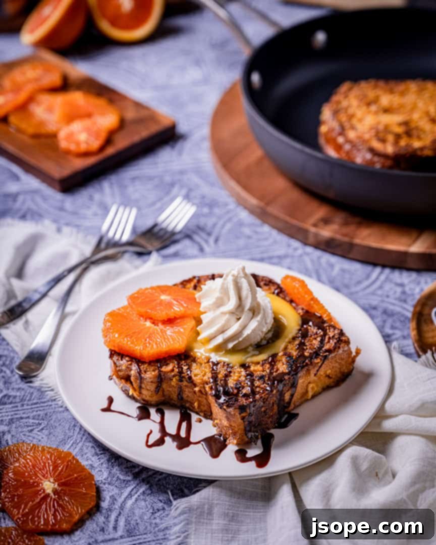 Crunchy Brioche French Toast, a gourmet breakfast delight with homemade orange curd and chocolate sauce.