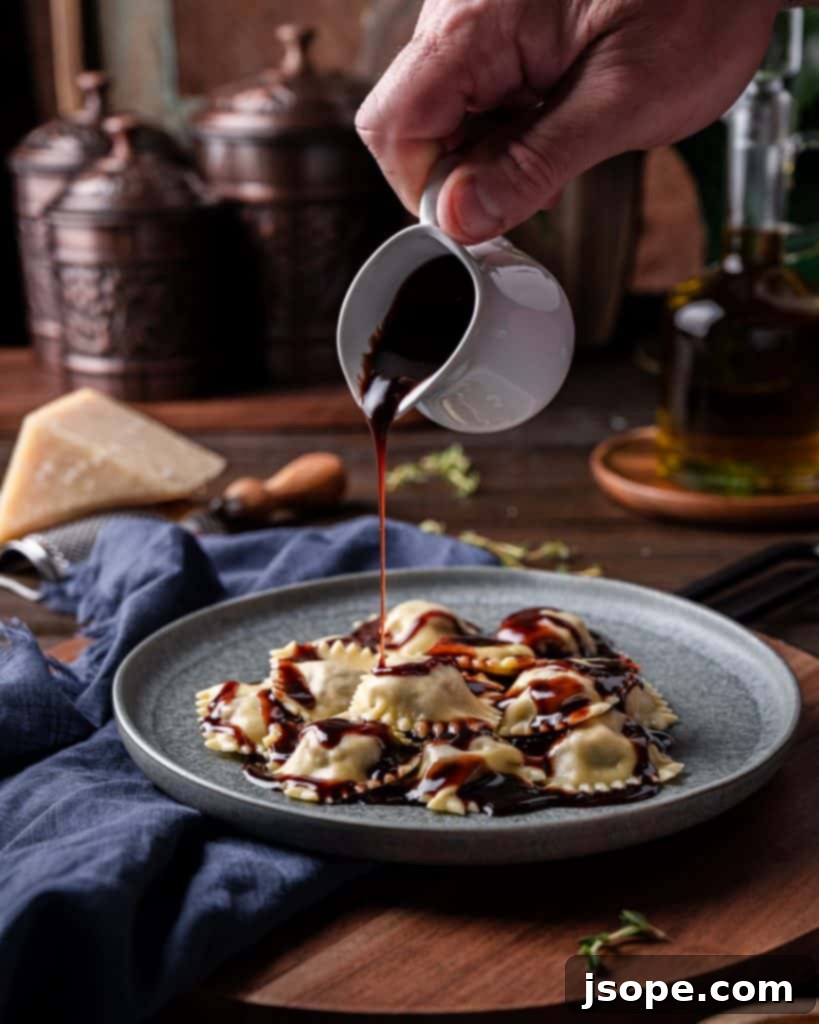 Zinfandel Red Wine Reduction Sauced drizzled over Beef Shank Ravioli