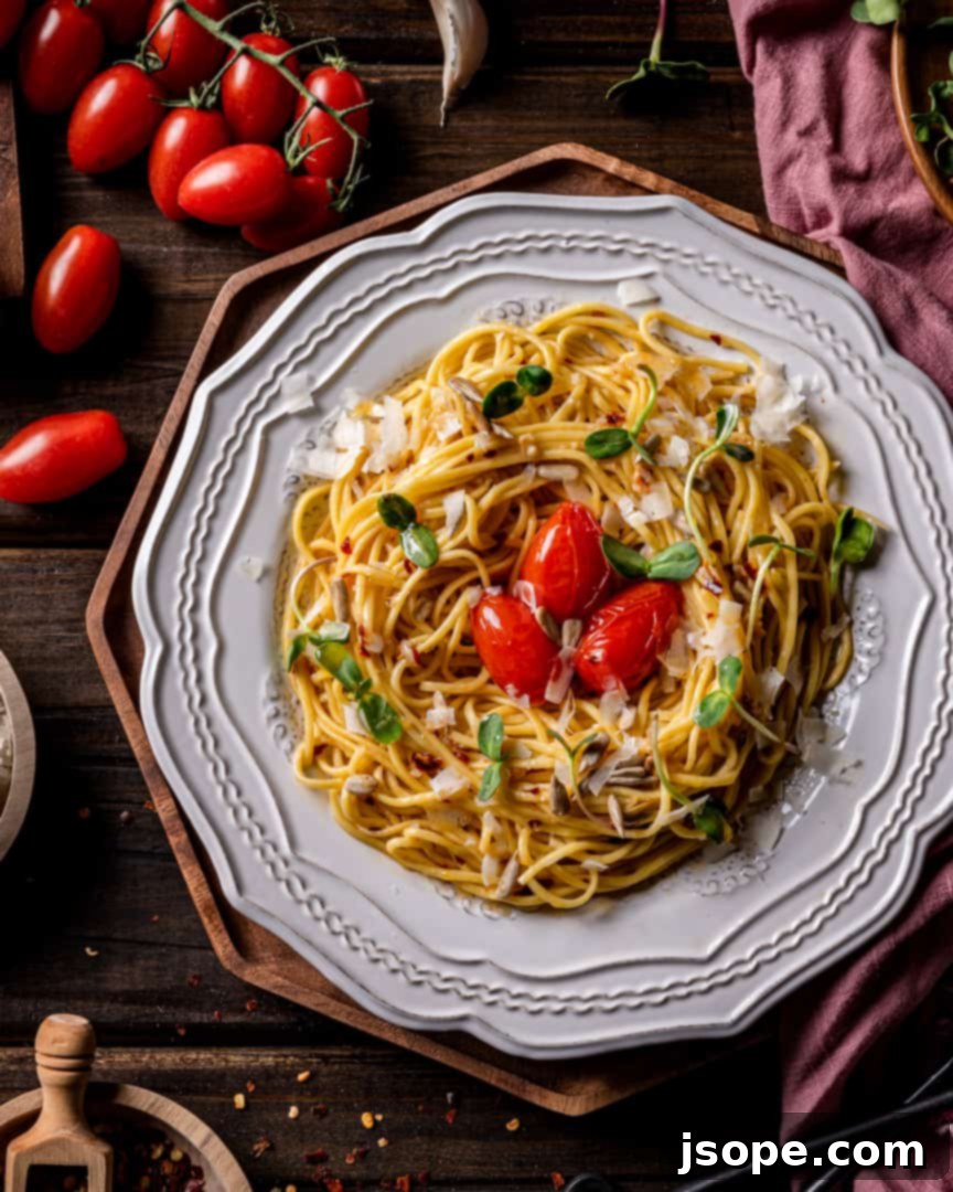 Spring Spaghetti Aglio Olio e Peperoncino with Blistered Tomatoes