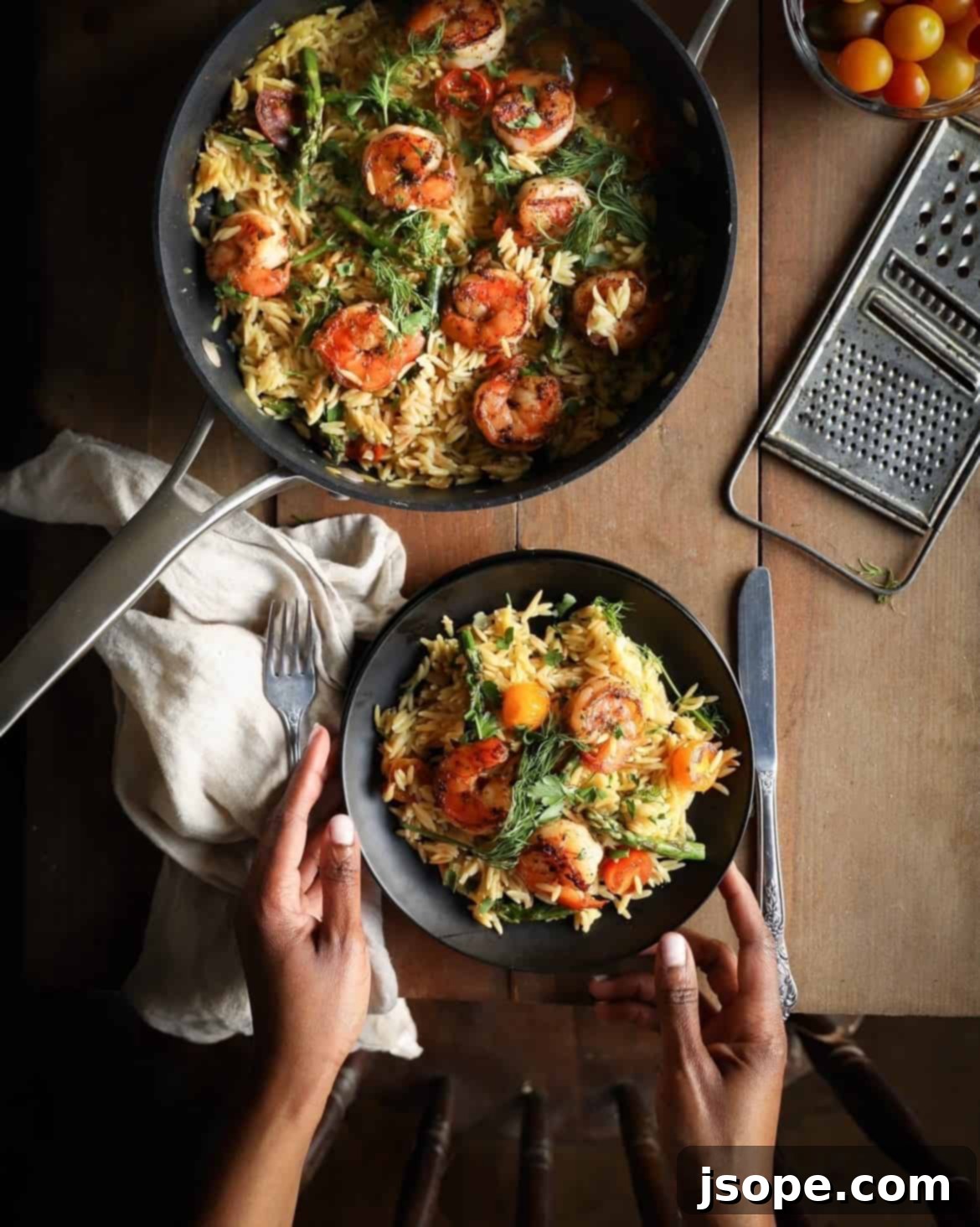 Parmesan Orzo with Shrimp, Asparagus & Tomatoes