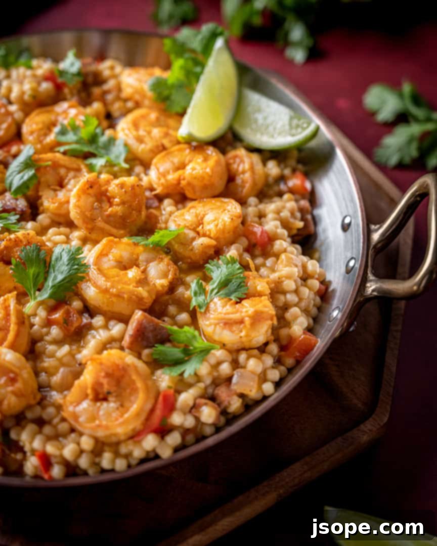 Vibrant Achiote Marinated Shrimp and Couscous dish, beautifully plated.