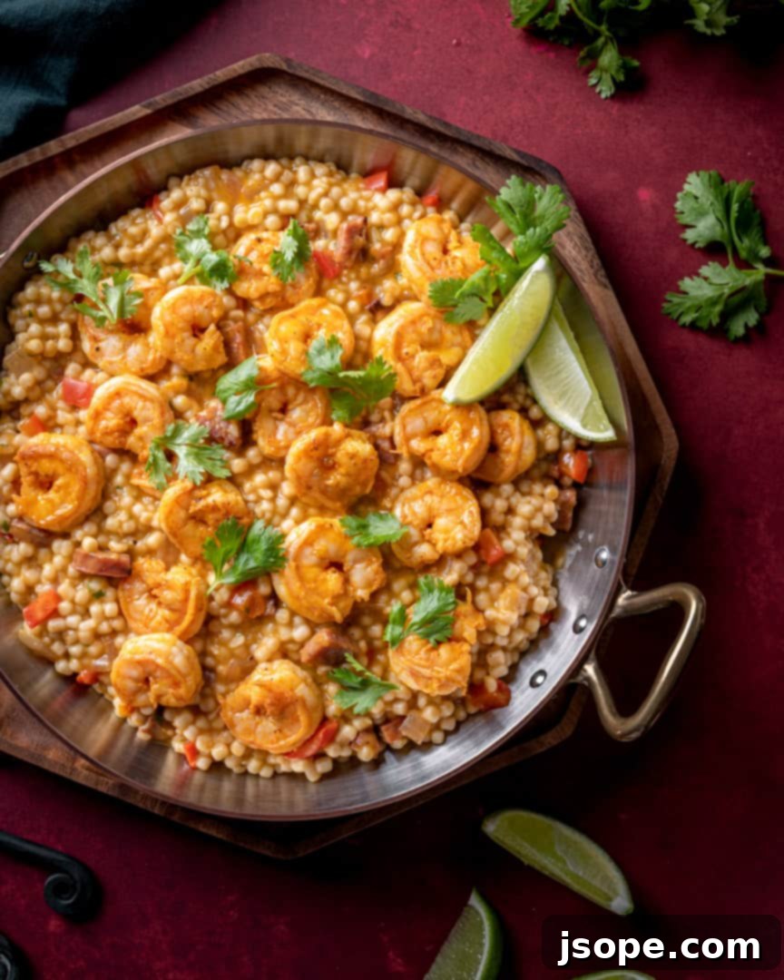 Close-up of Achiote Marinated Shrimp and Couscous, highlighting the textures.