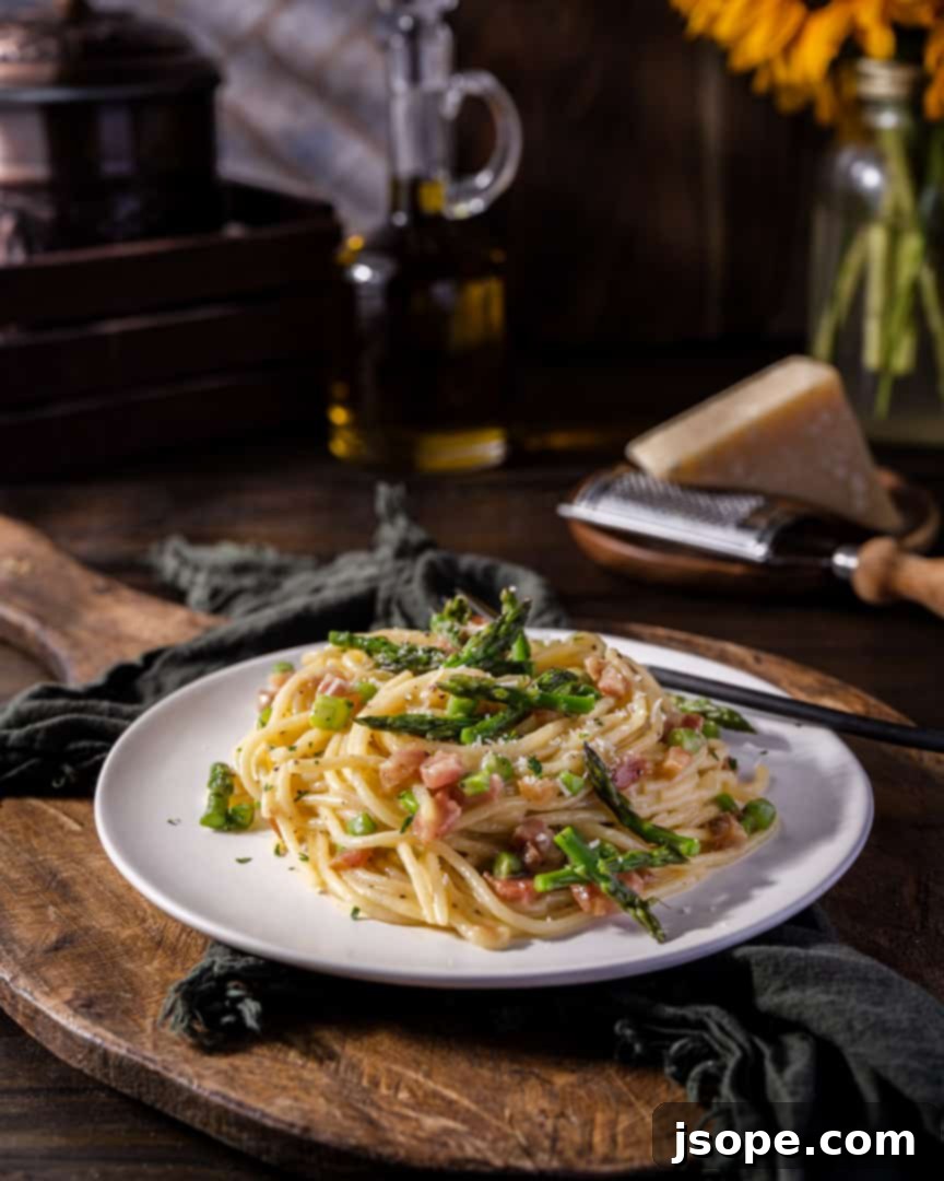 Adding asparagus to this carbonara gives it a nice added freshness and vibrance!