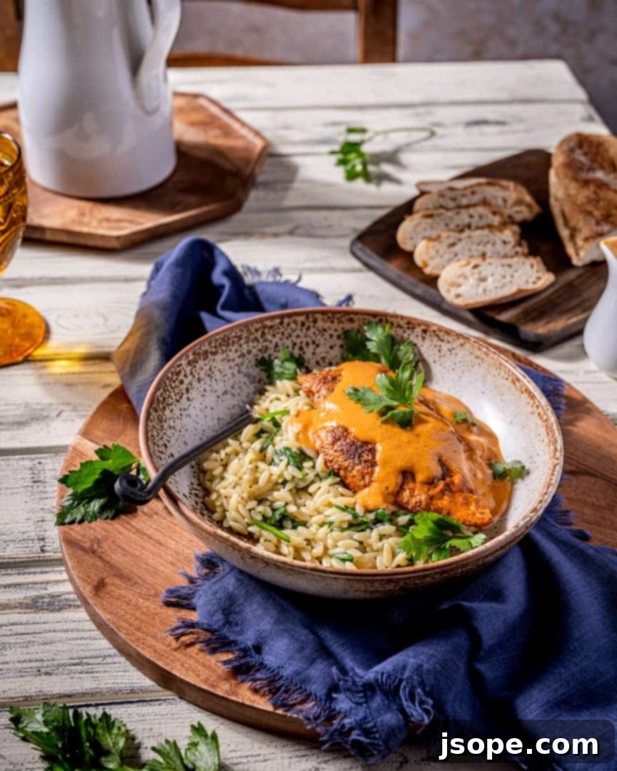 Plated Chicken with White Wine Vinegar Tomato Sauce and Spinach Orzo, ready to serve