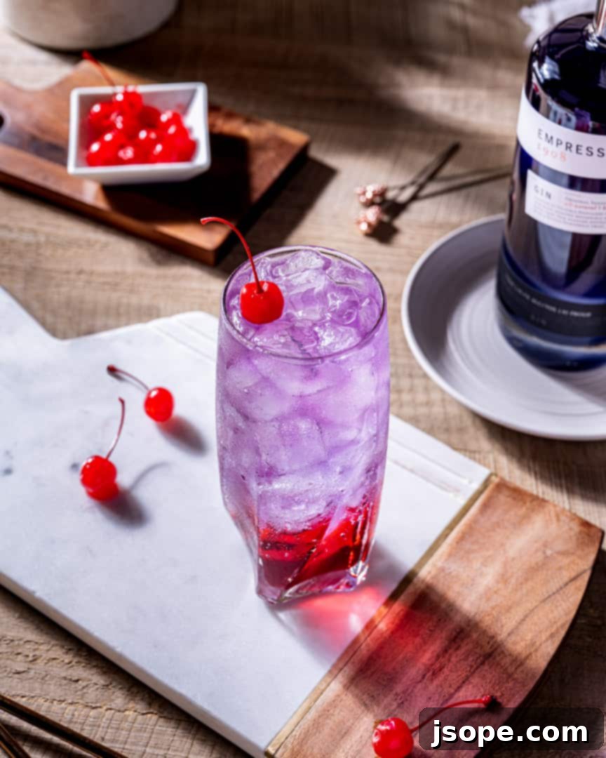 Empress Gin's Sophisticated Shirley 2 Empress Dirty Shirley Gin Cocktail - A vibrant purple gin cocktail garnished with a cherry.
