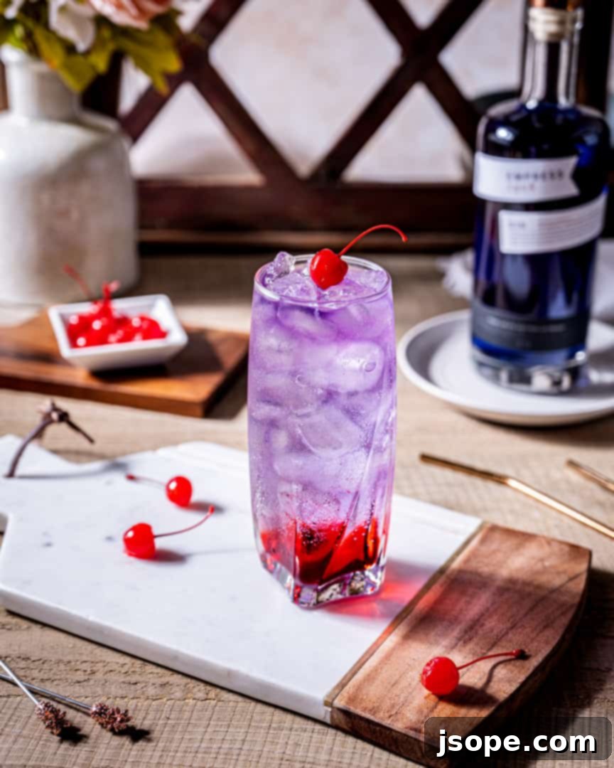 Empress Gin's Sophisticated Shirley 4 Close-up of an Empress Dirty Shirley Gin Cocktail showing the beautiful layered colors and a maraschino cherry garnish.