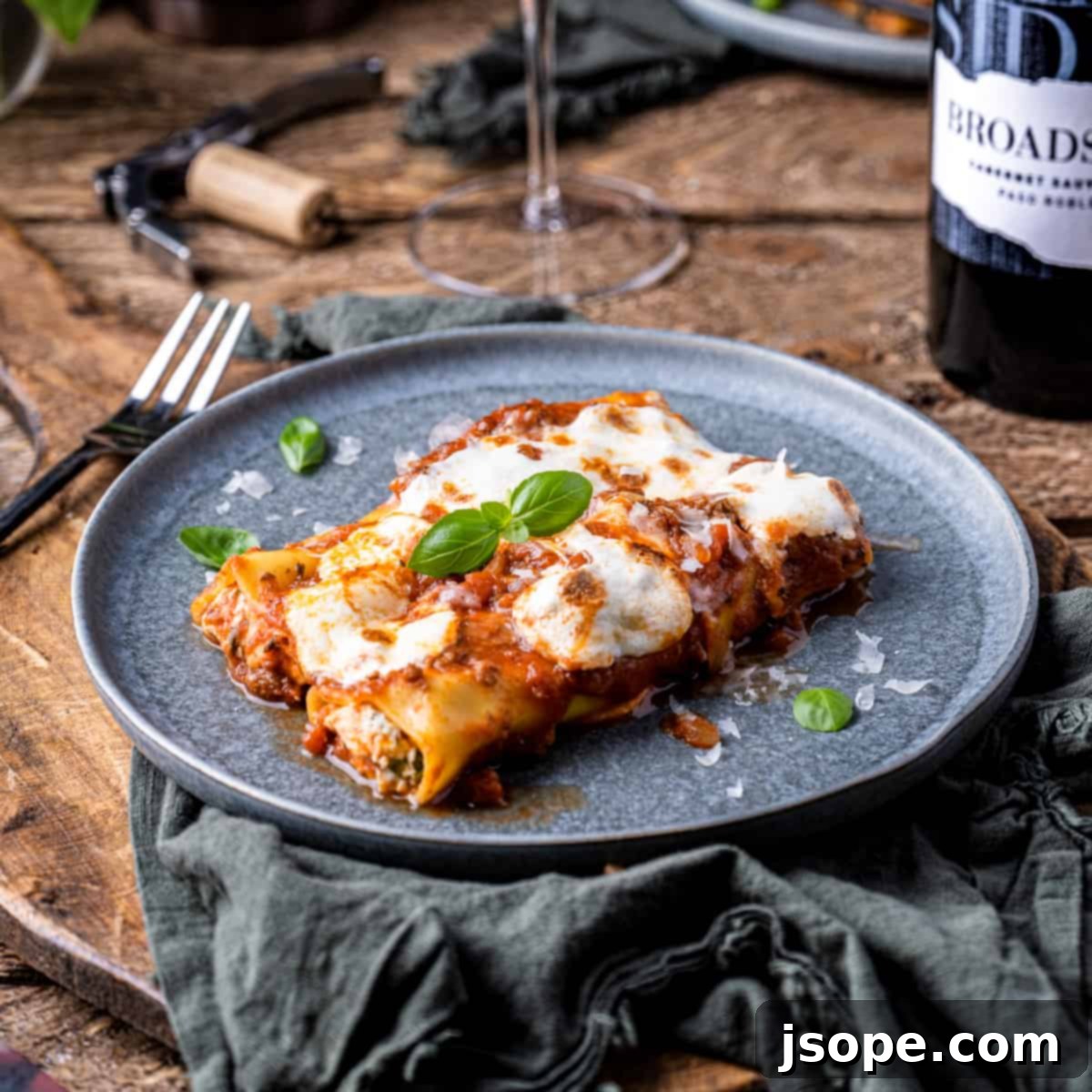 Rich Ricotta and Spinach Cannelloni with Homemade Meat Sauce, perfectly paired with Broadside Cabernet Sauvignon