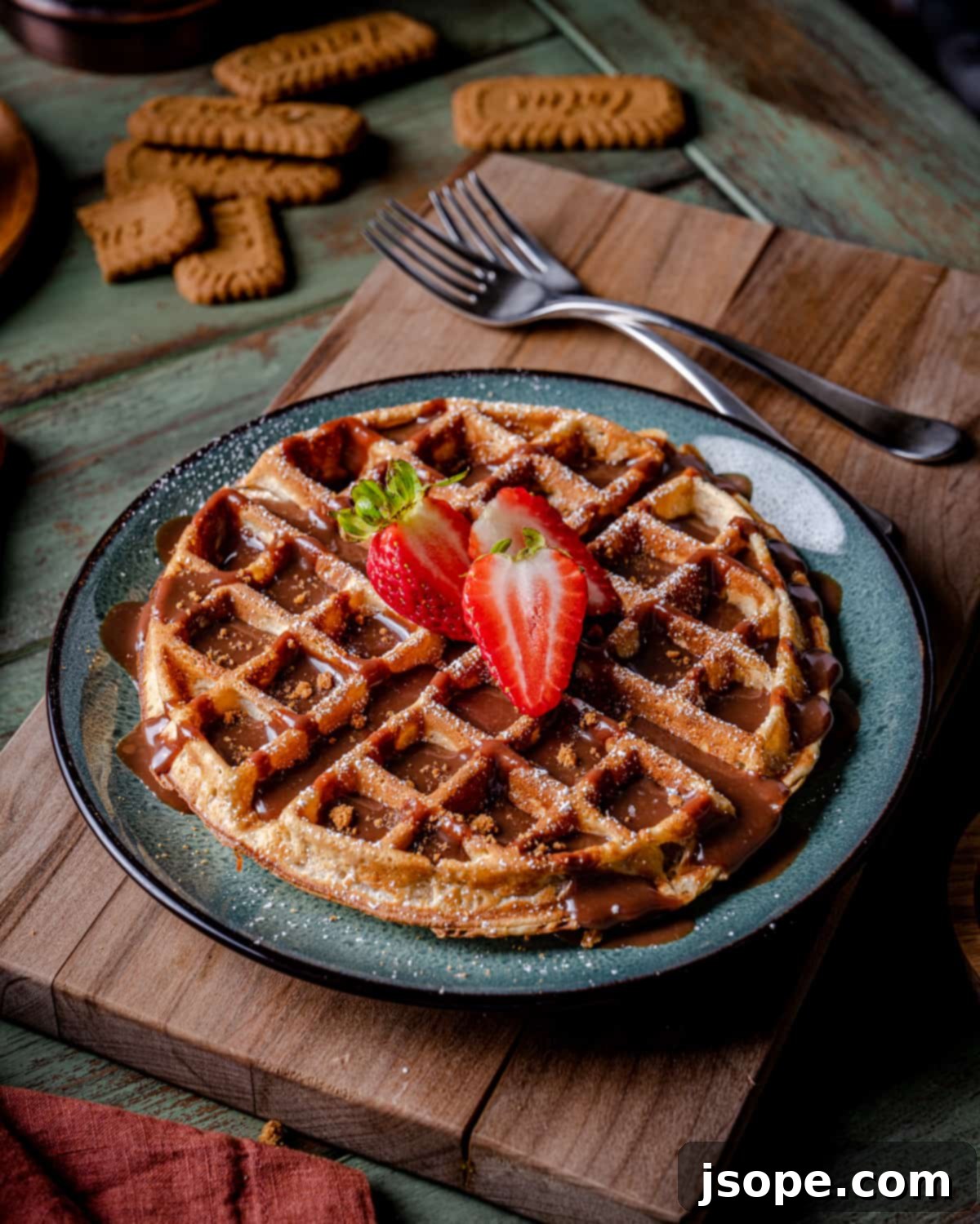 Decadent Biscoff Cinnamon Waffles with luscious Nutella Cream and fresh strawberries, a perfect breakfast or brunch indulgence.