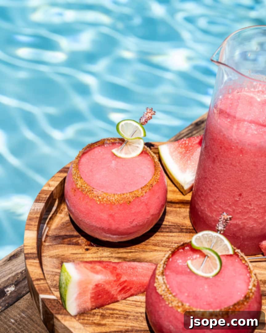 Melon Blossom Margarita 2 Vibrant Watermelon Elderflower Margaritas served by the pool on a sunny day
