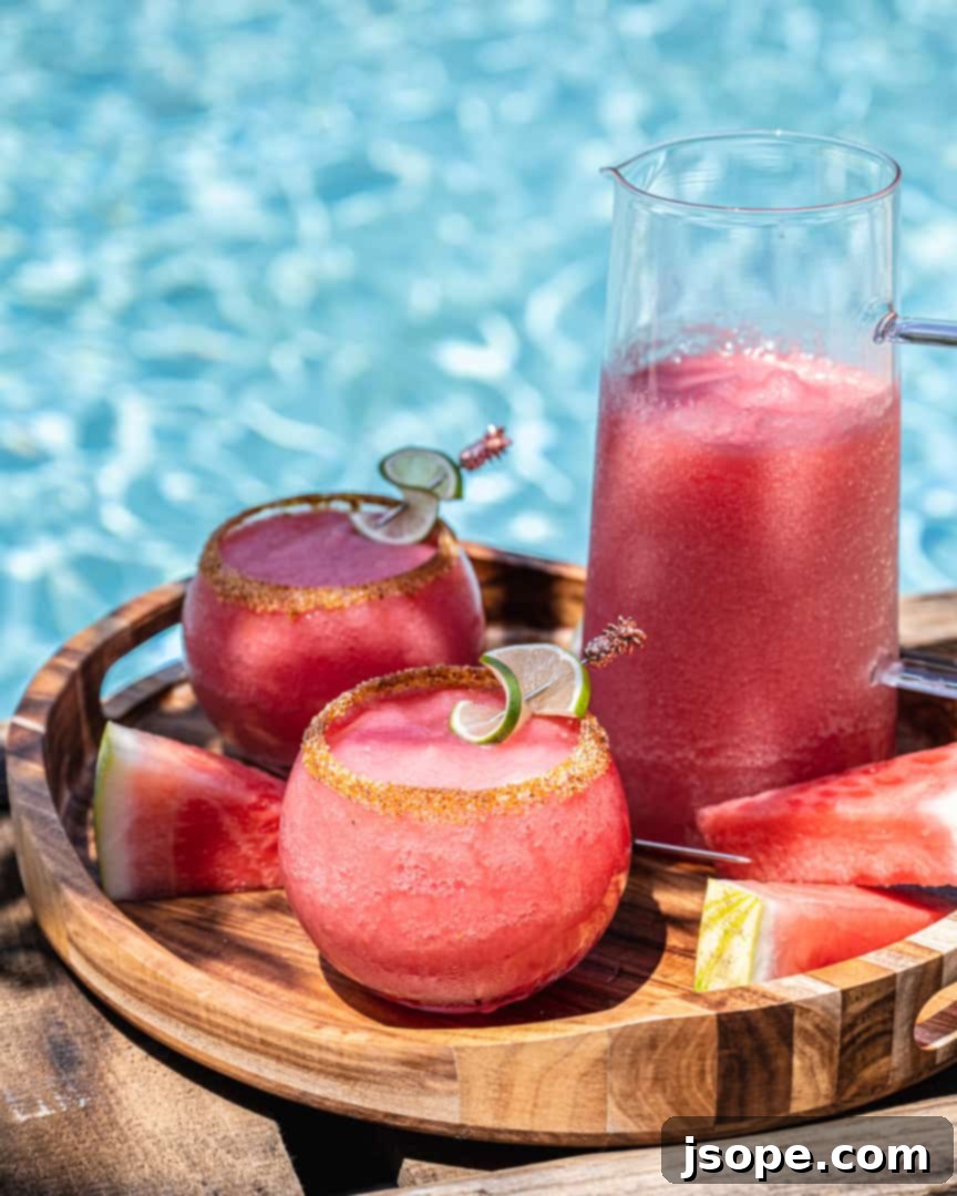 Melon Blossom Margarita 3 Two glasses of Watermelon Elderflower Margaritas with chili-salted rims, garnished with lime wheels and watermelon wedges