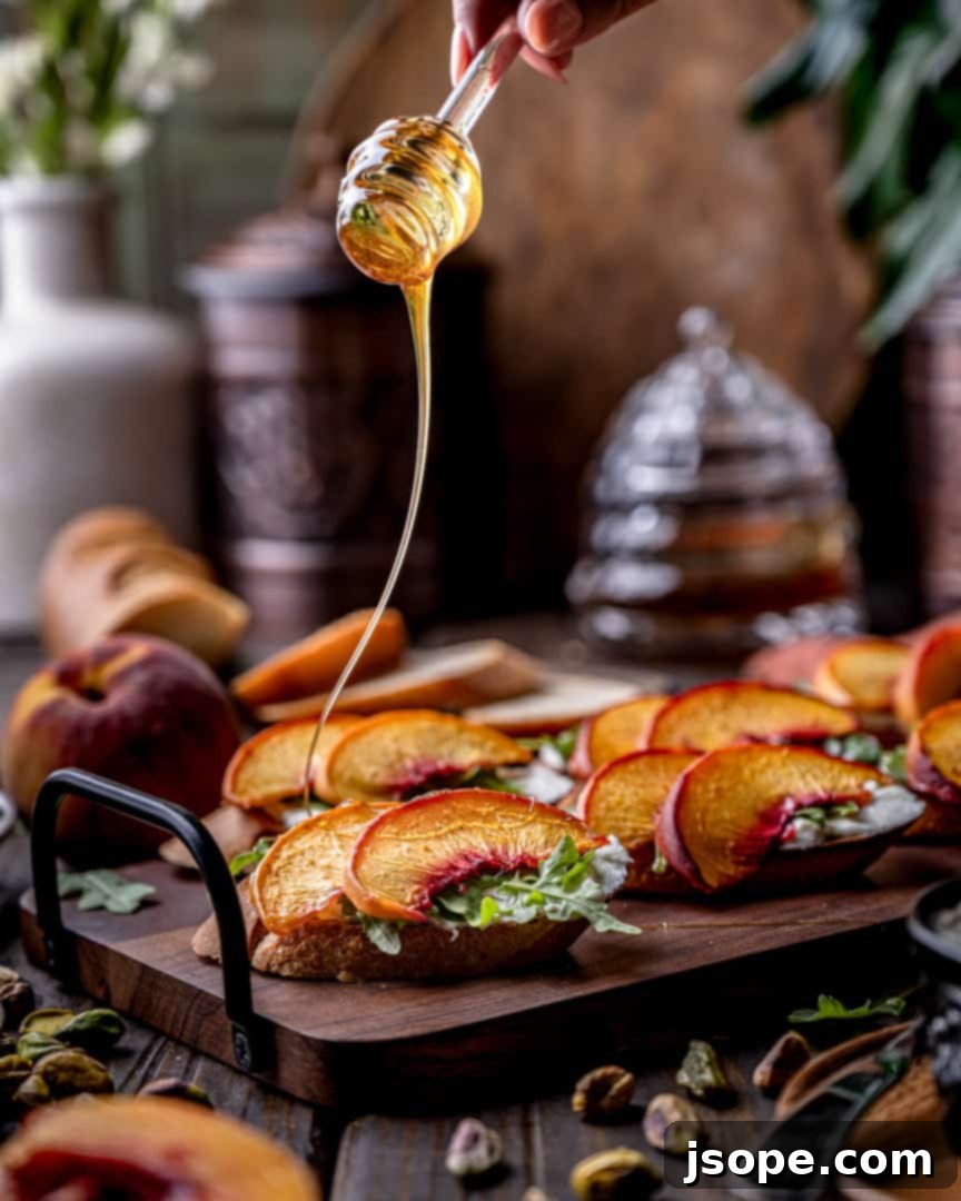 Drizzle of honey over Roasted Peach Crostini