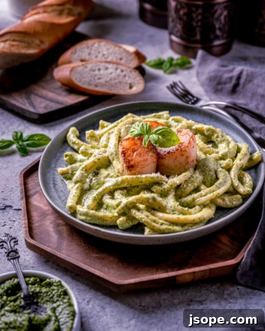 Velvety Pesto Pasta with Pan-Seared Scallops 2 Creamy Pesto Pasta with Seared Scallops