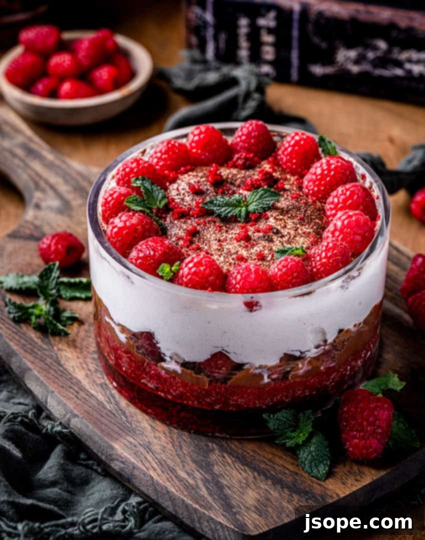 Chocolate Raspberry Red Velvet Trifle layered in a glass dish