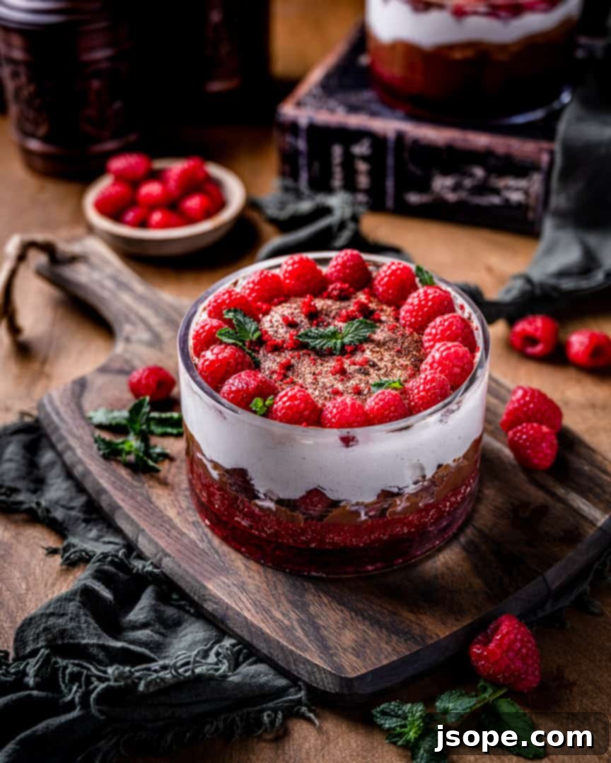 Chocolate Raspberry Red Velvet Trifle garnished with mint and raspberries