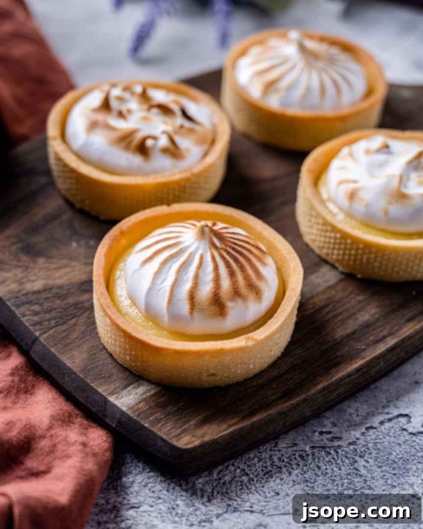 Delicate Lavender Lemon Meringue Tarts with toasted meringue topping, perfect for any gathering.