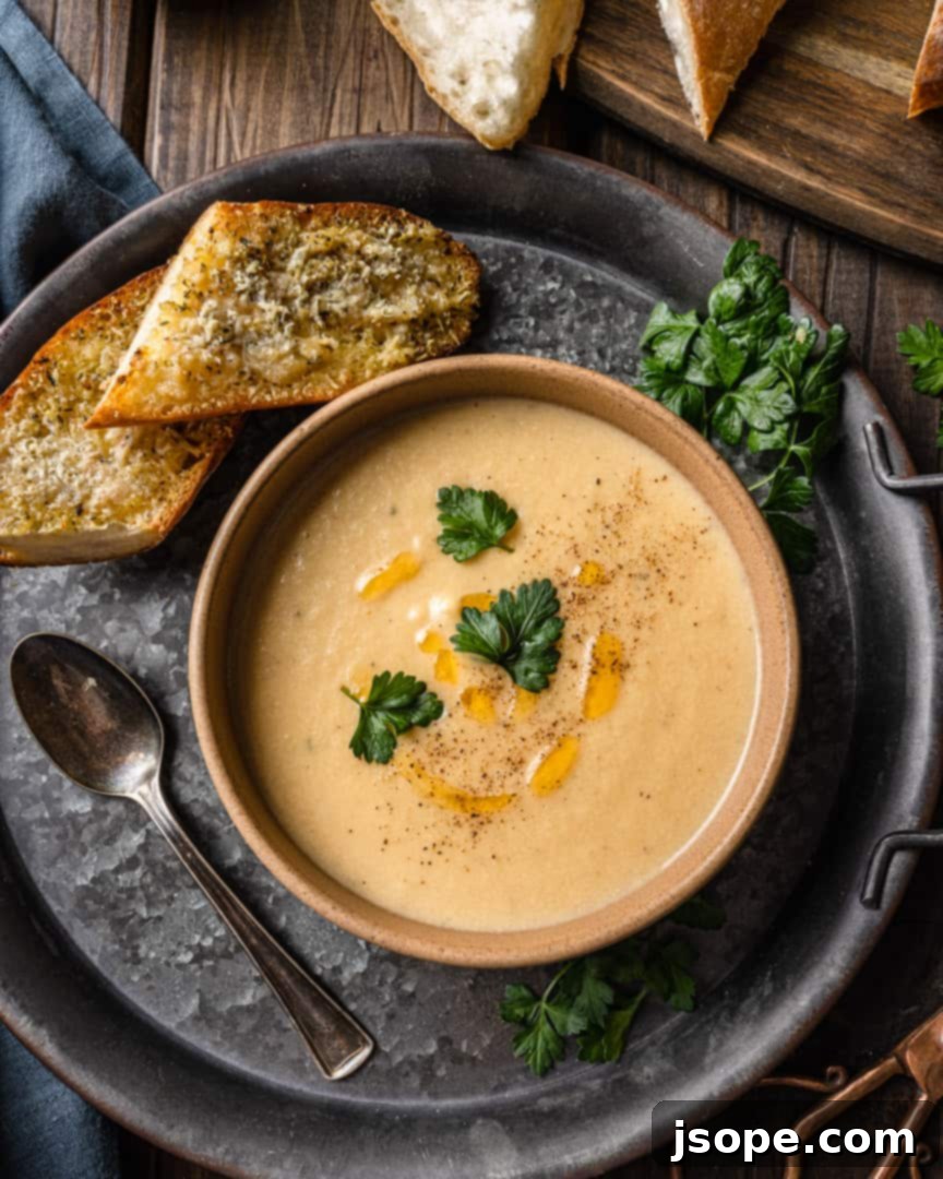 Creamy Potato and Caramelized Leek Soup, highlighting the rich and thick texture.