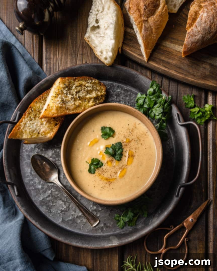 Creamy Potato and Caramelized Leek Soup, garnished and ready to serve with crusty bread.