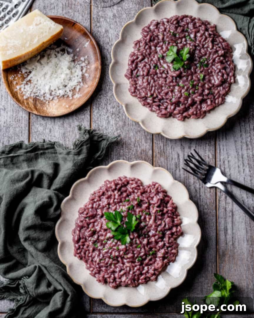 Red Wine Parmesan Risotto simmering in a skillet.