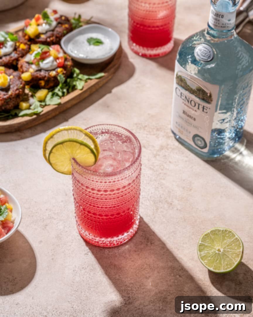 Sparkling Pomegranate Ranch Water in a tall glass, garnished with lemon and lime slices, next to a pitcher, ready for a refreshing summer sip.