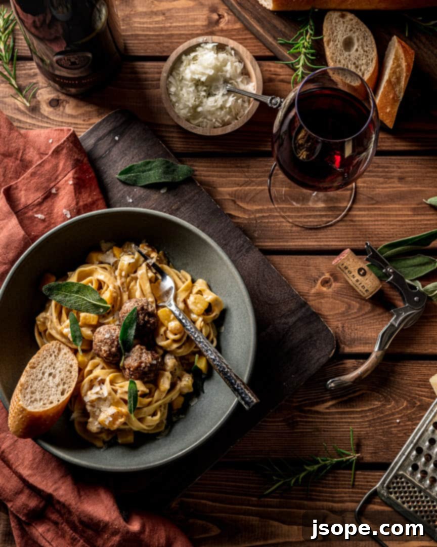Fettuccine with Winter Spiced Cream Sauce and Rosemary Sage Meatballs, a hearty and flavorful homemade pasta dish