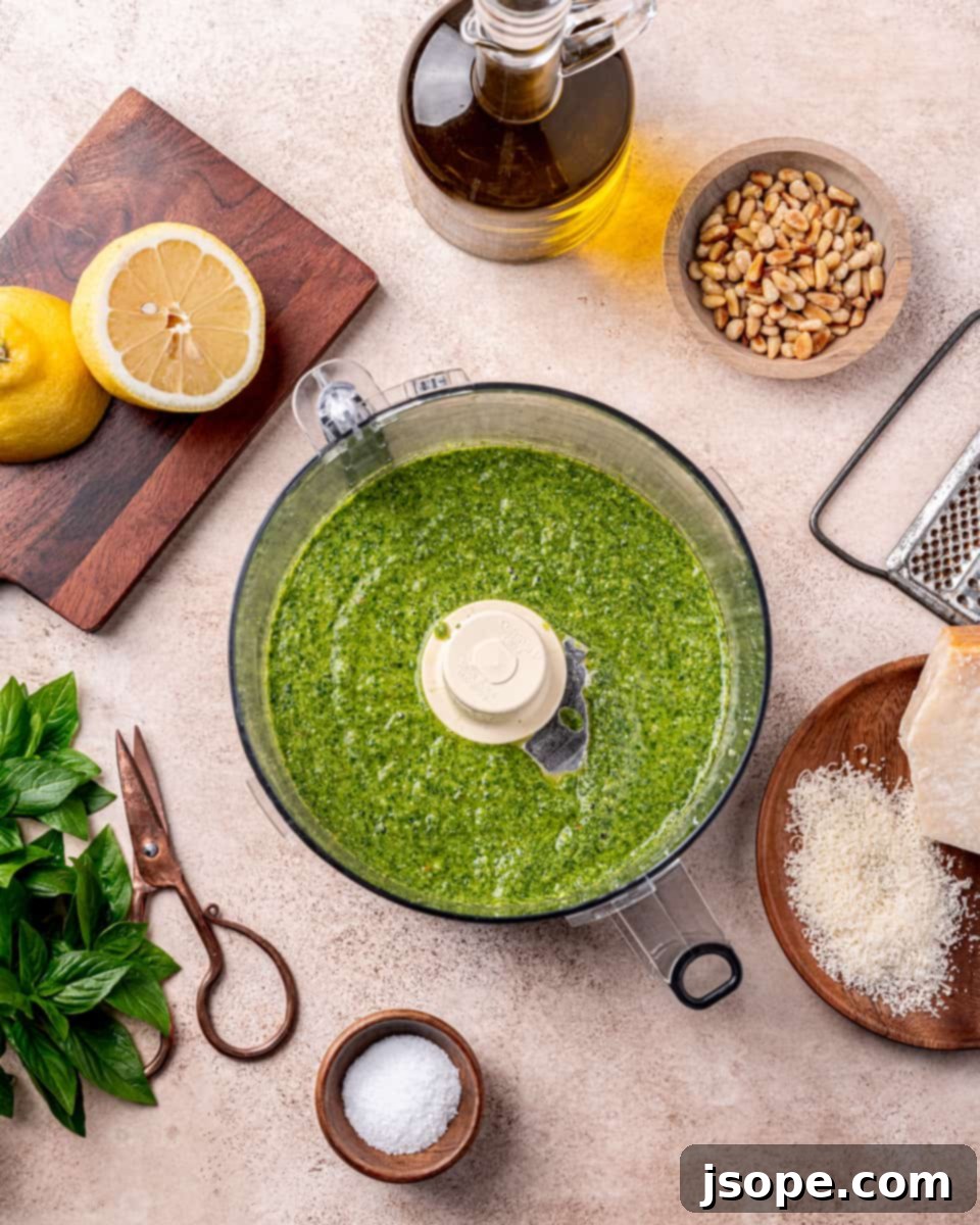 Classic basil pesto texture after processing in a food processor.