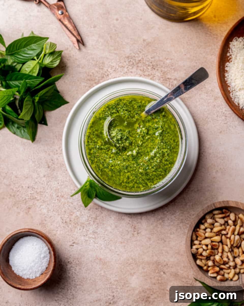 Classic basil pesto in a jar.