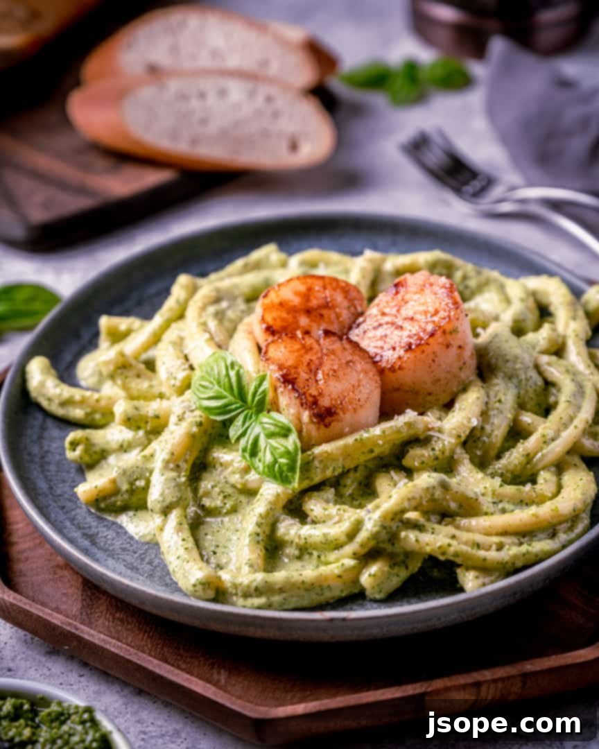 Perfectly Seared Scallops over Casarecce pasta in a Pesto Cream Sauce