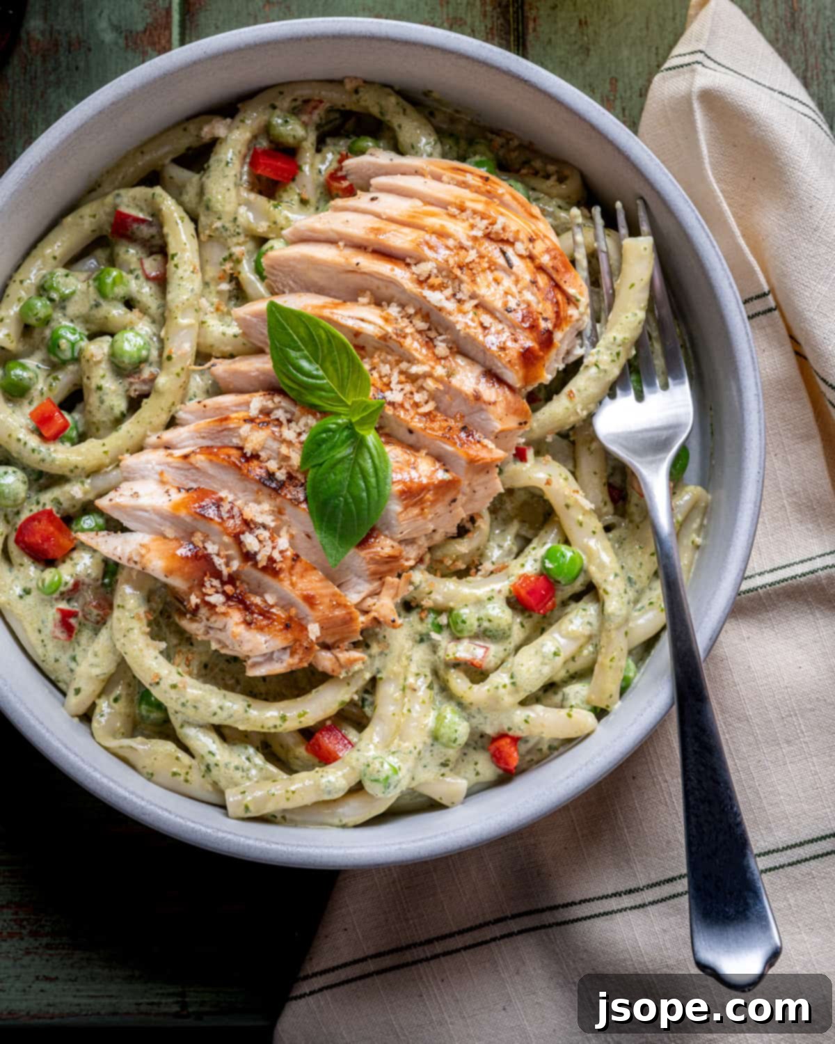 Pesto and Pea Bucatini Pasta with Grilled Chicken